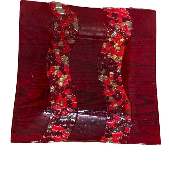 Vintage Fused  Red Glass Dish Wall Art Minimalist Mosaic Detail Signed Arcotex - Picture 3 of 12